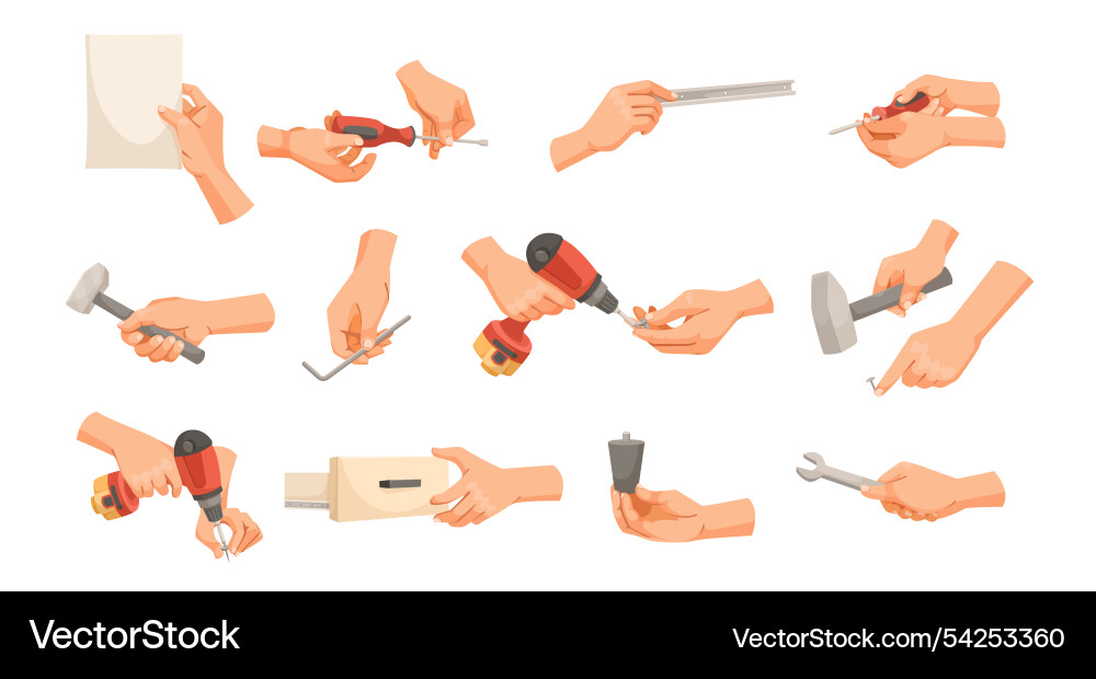 Hands holding various tools and instruments vector image