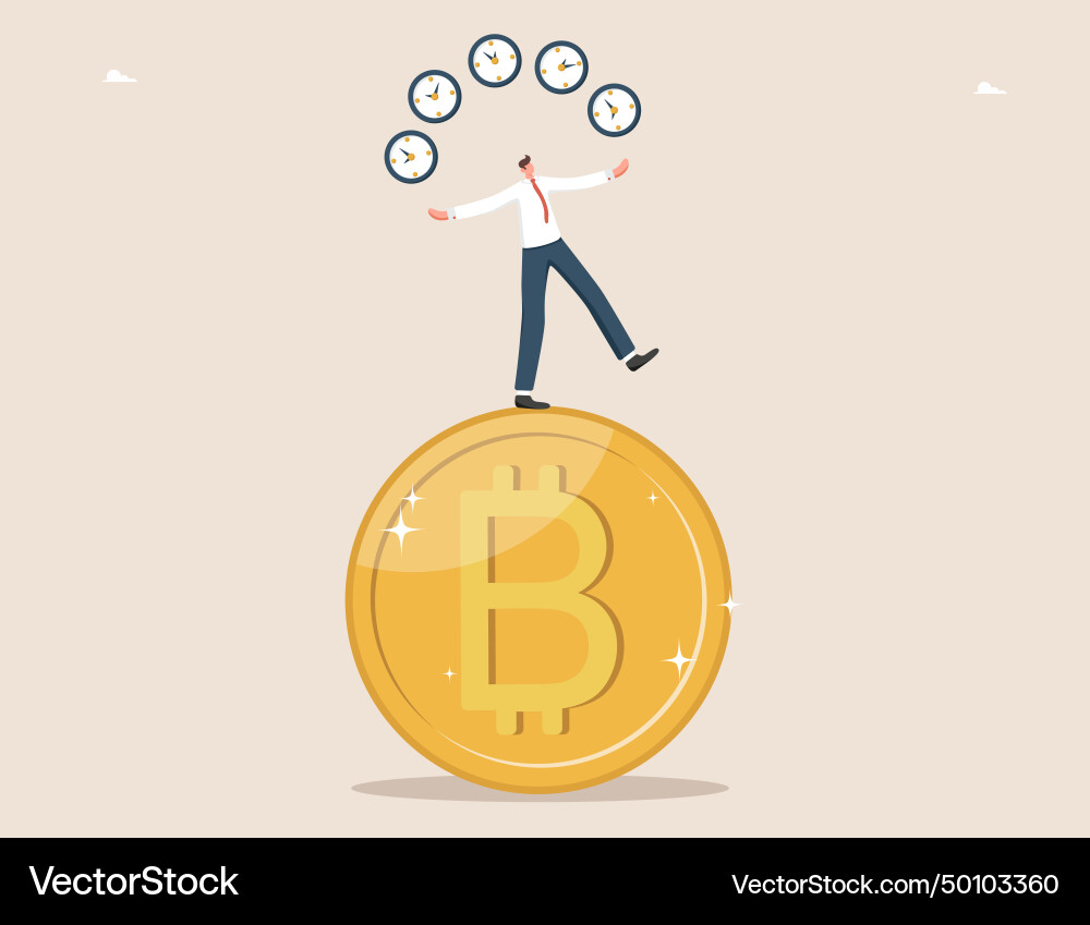 Man juggles clock while standing on bitcoin Man juggles clock while standing on bitcoin vector image