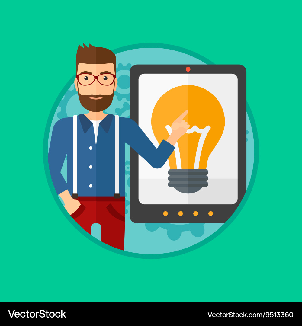 Man pointing at big tablet computer Vector Image