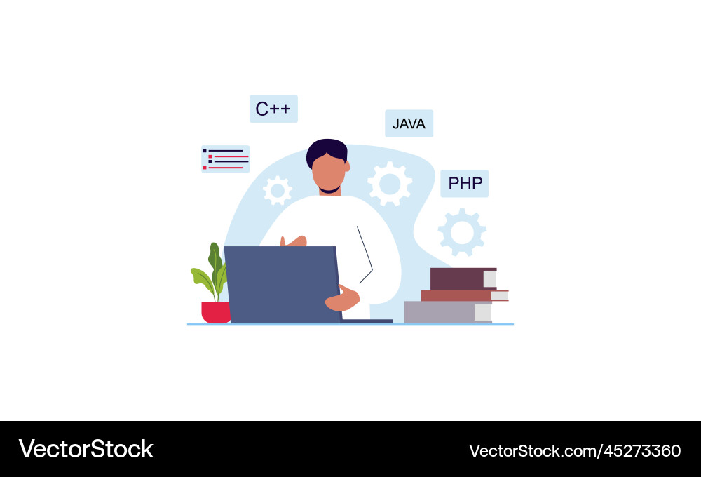 Man programmer is working on his laptop concept vector image