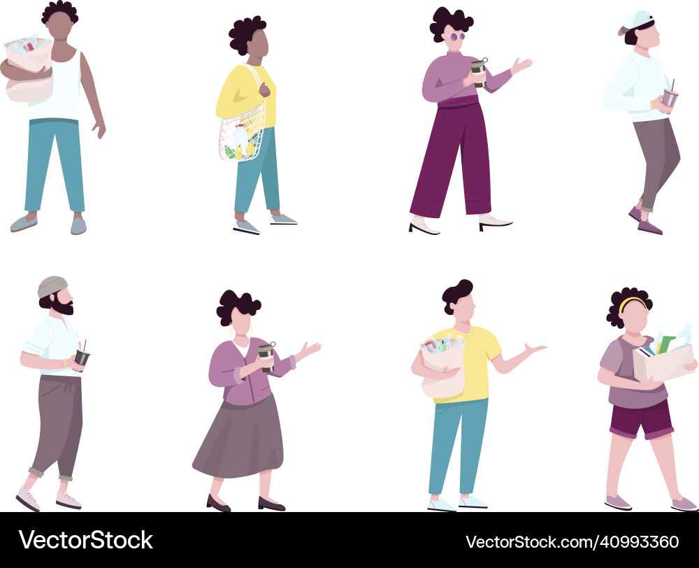 People with garbage and reusable items flat color Vector Image