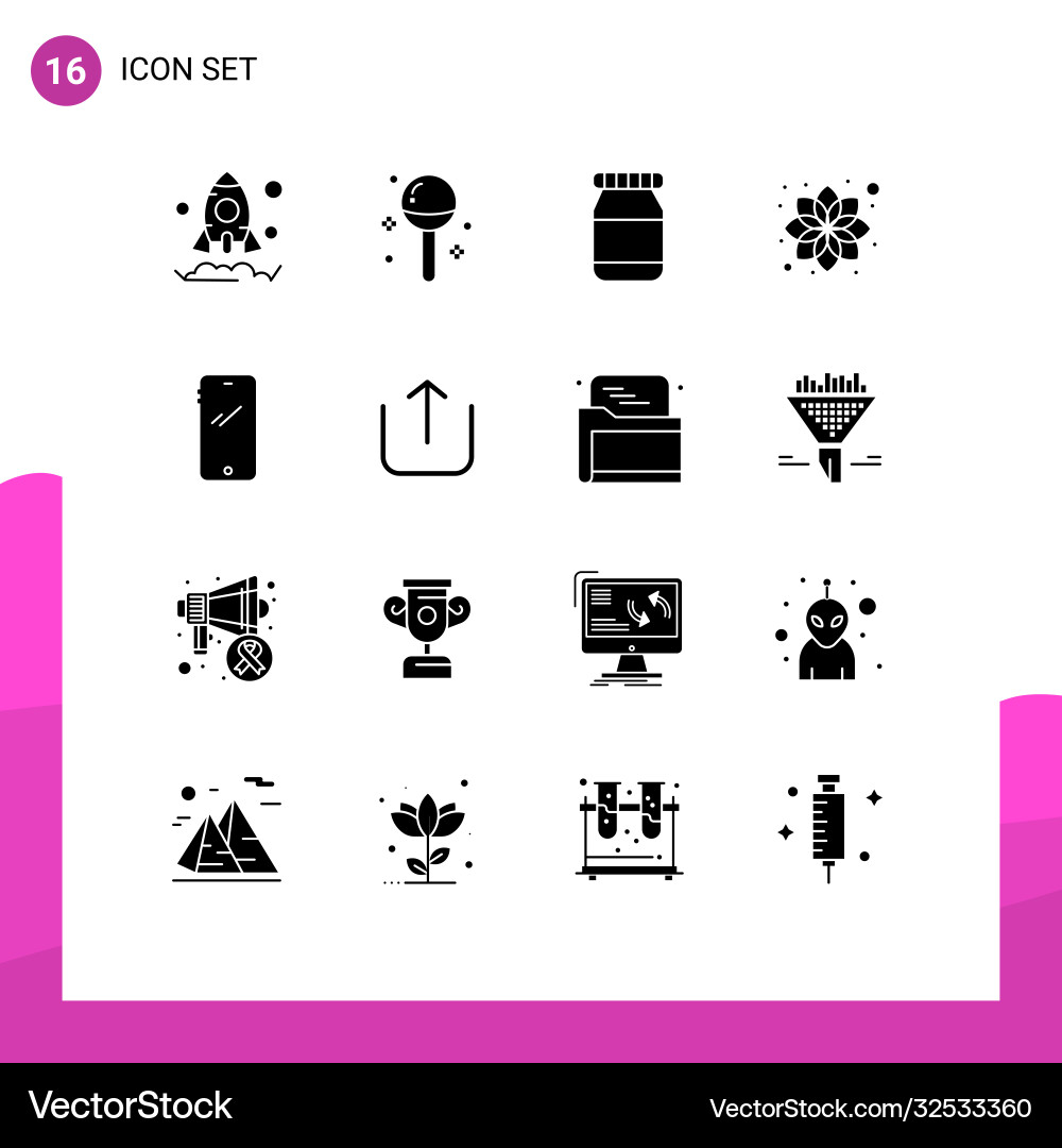 Set 16 solid glyphs on grid for android smart vector image