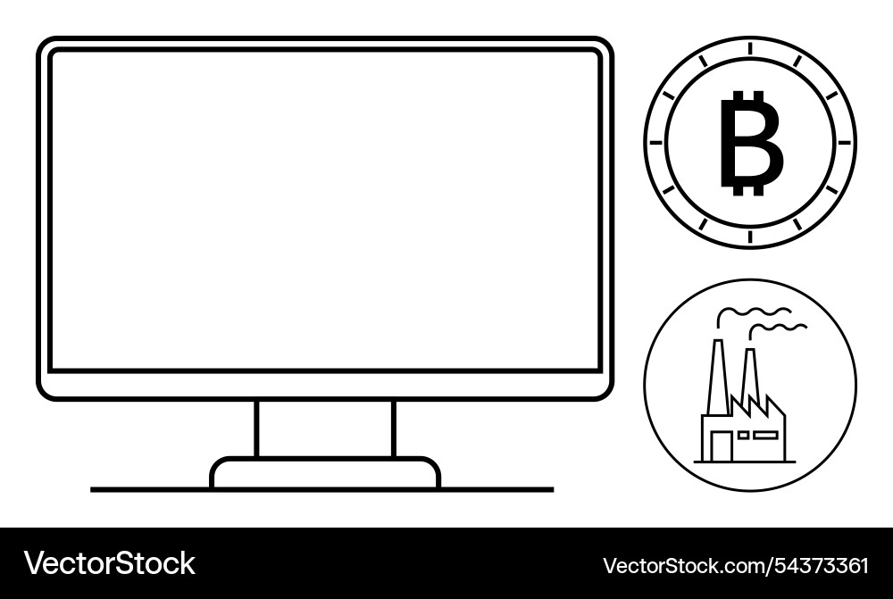 Computer monitor with bitcoin symbol and factory Computer monitor with bitcoin symbol and factory vector image