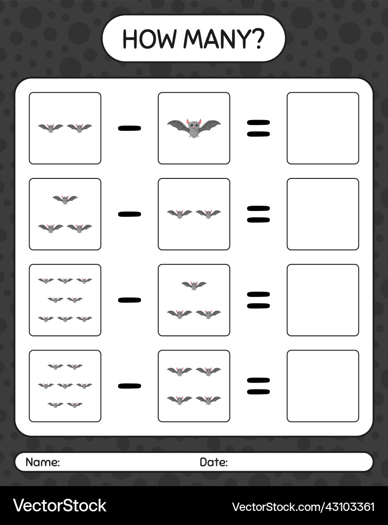How many counting game with bat worksheet vector image
