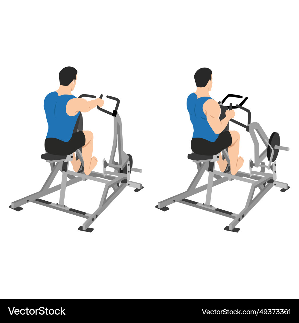 Man doing seated lever machine one arm row Man doing seated lever machine one arm row vector image