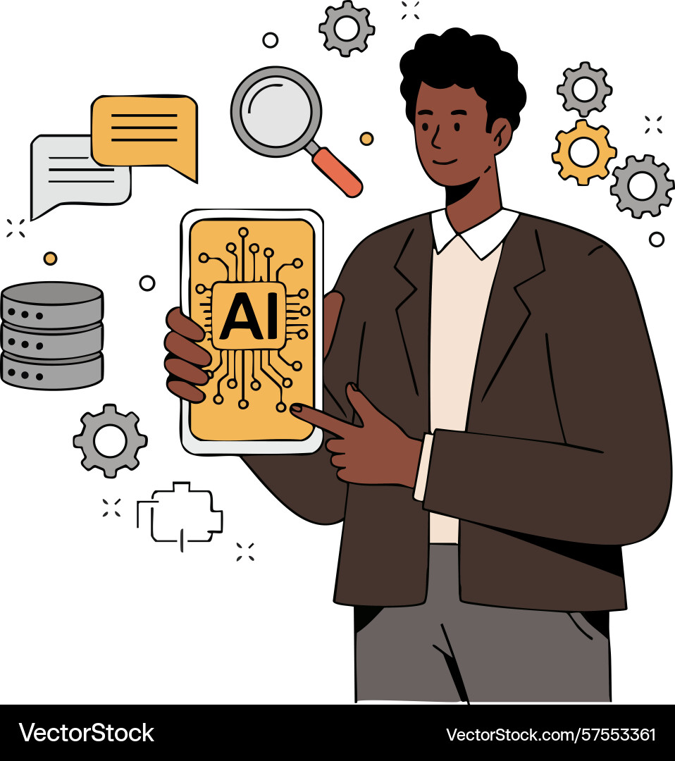 Man holding smartphone with artificial Man holding smartphone with artificial Vector Image