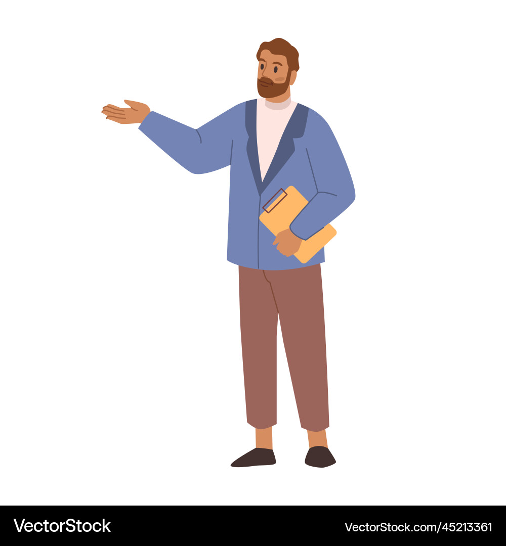 Man with folder in hand pointing or presenting Man with folder in hand pointing or presenting vector image