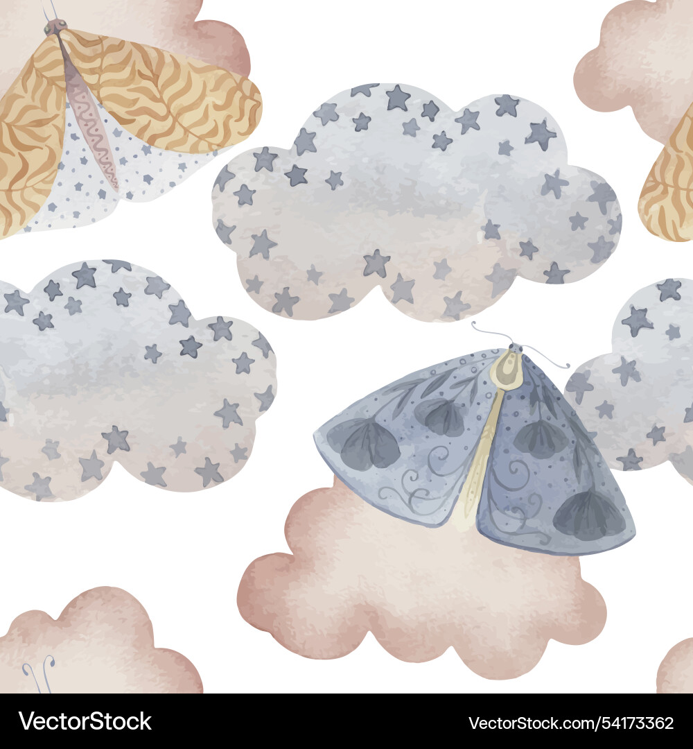 Boho butterfly seamless pattern with clouds Boho butterfly seamless pattern with clouds vector image