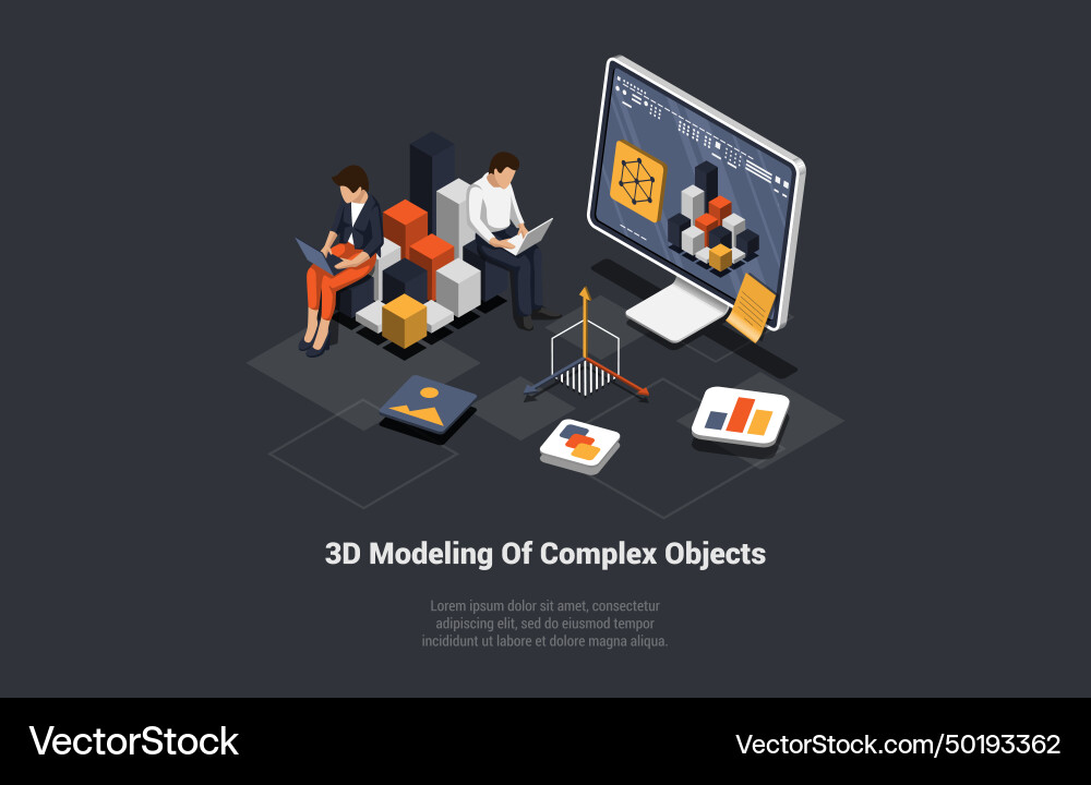 Concept of 3d modelling complex objects team vector image