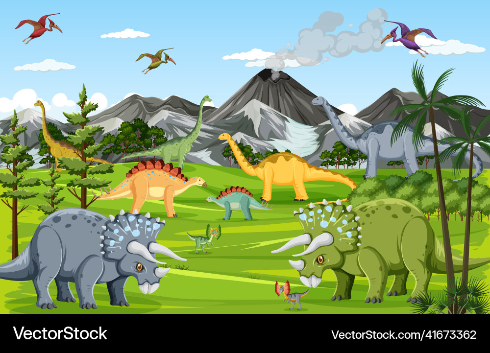 Dinosaur in prehistoric forest scene Dinosaur in prehistoric forest scene vector image