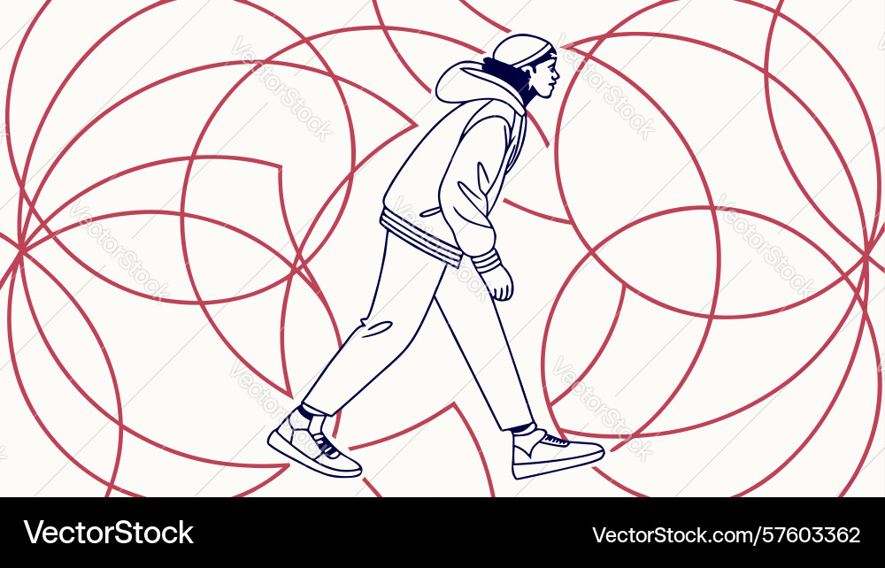 Dynamic person walking through abstract circular vector image