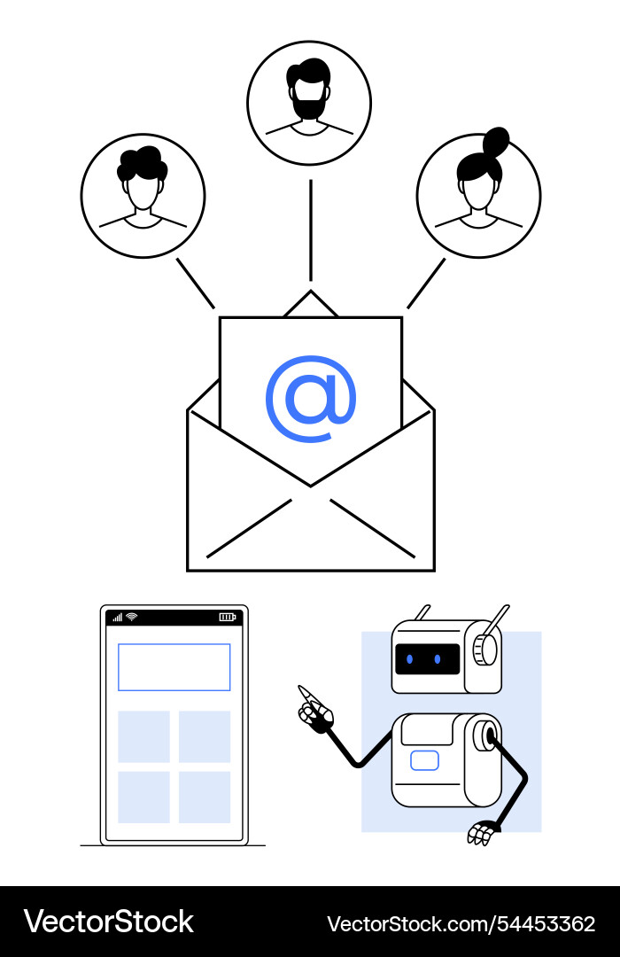 Email communication network with robot and digital Email communication network with robot and digital vector image