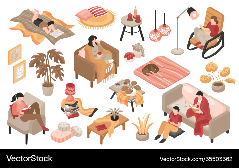 Isometric cozy home icon set Isometric cozy home icon set vector image