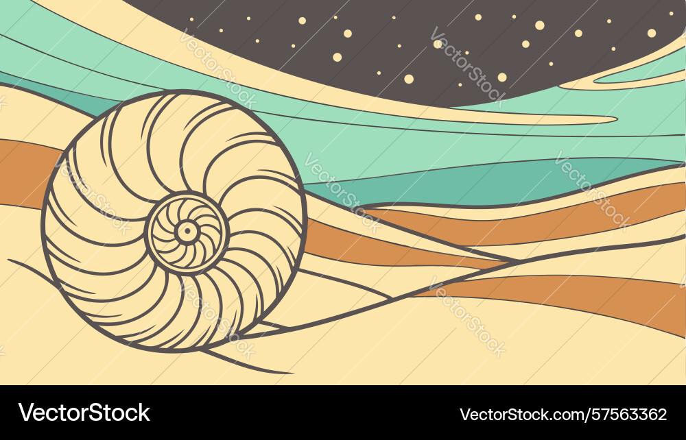 Nautilus shell with wavy lines in a desert Vector Image