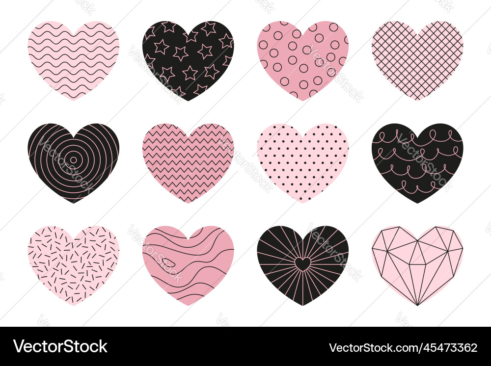 Pink and black hearts set with different patterns Vector Image