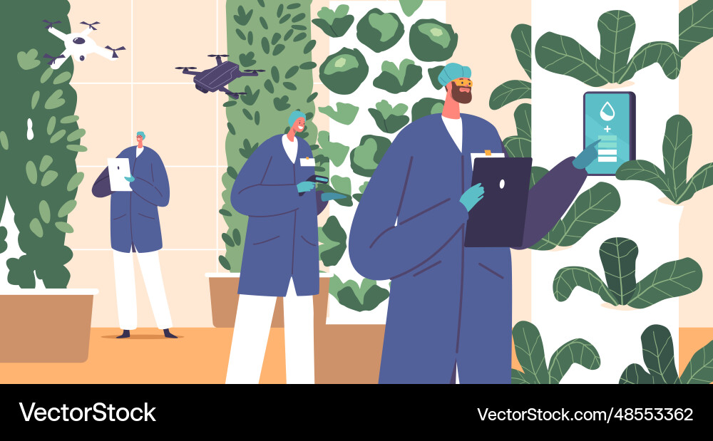 Worker characters use automation technology Worker characters use automation technology Vector Image