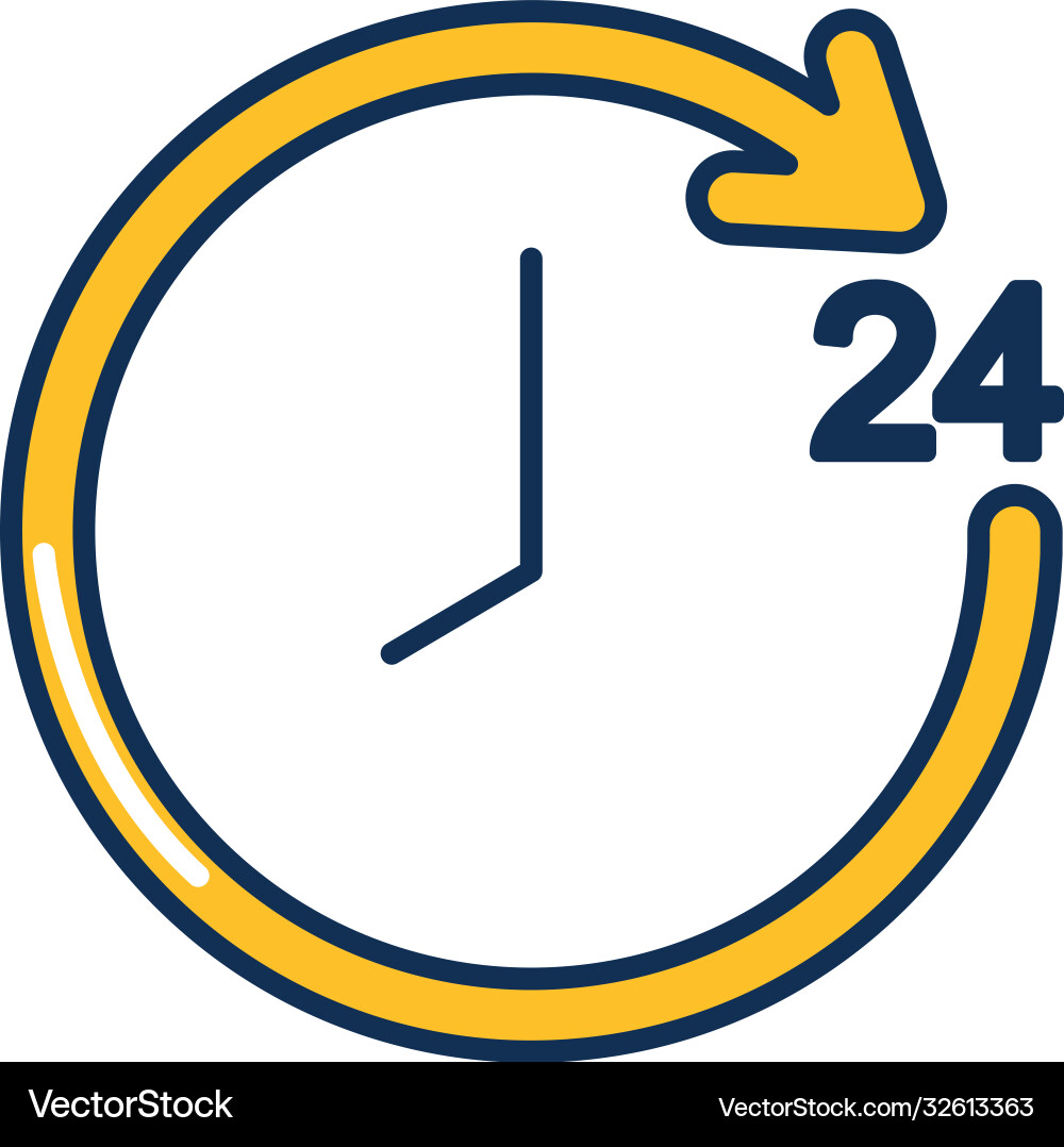 Clock with 24 hours arrow around line fill style vector image