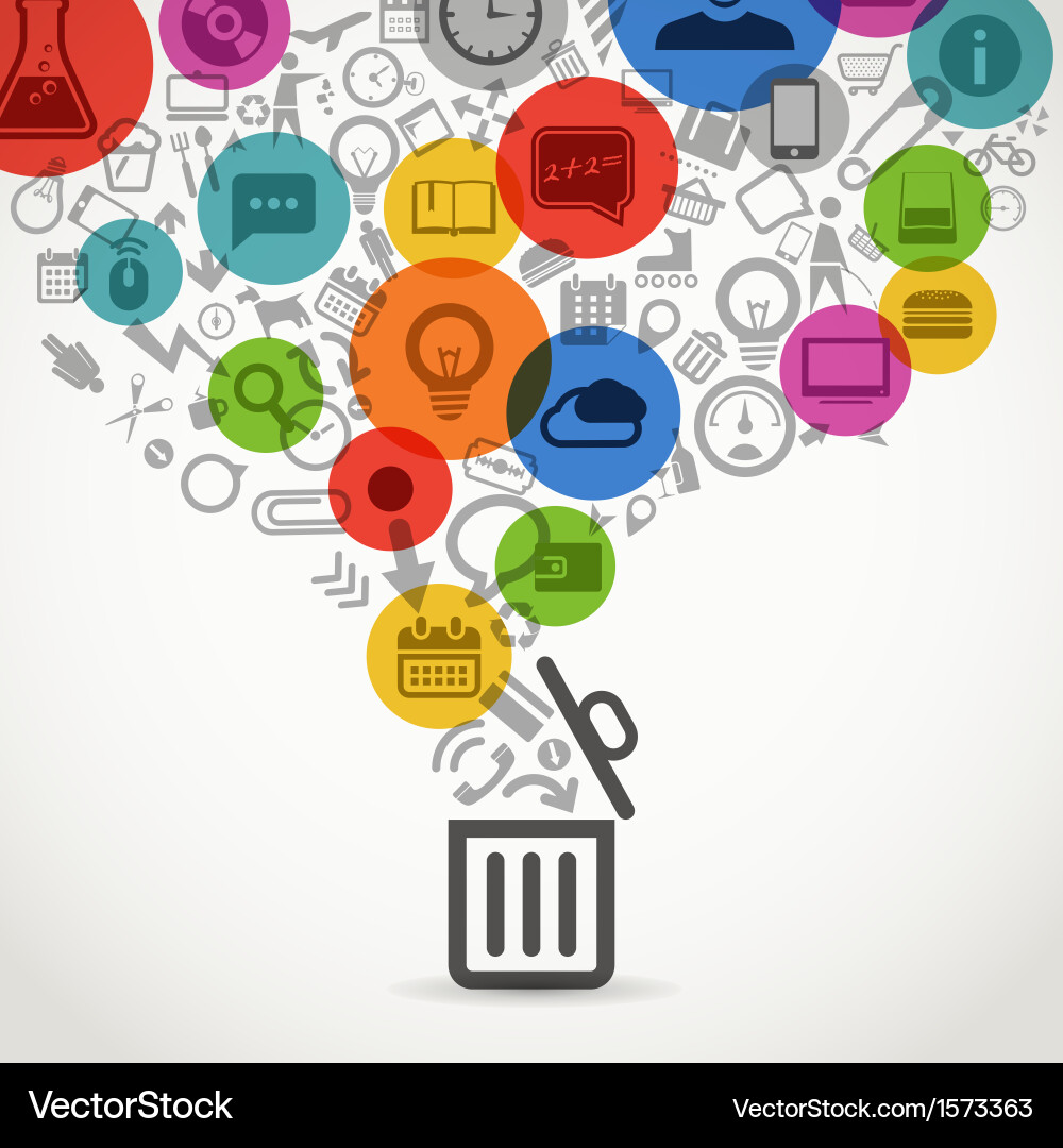 Different icons flows into open garbage basket Vector Image
