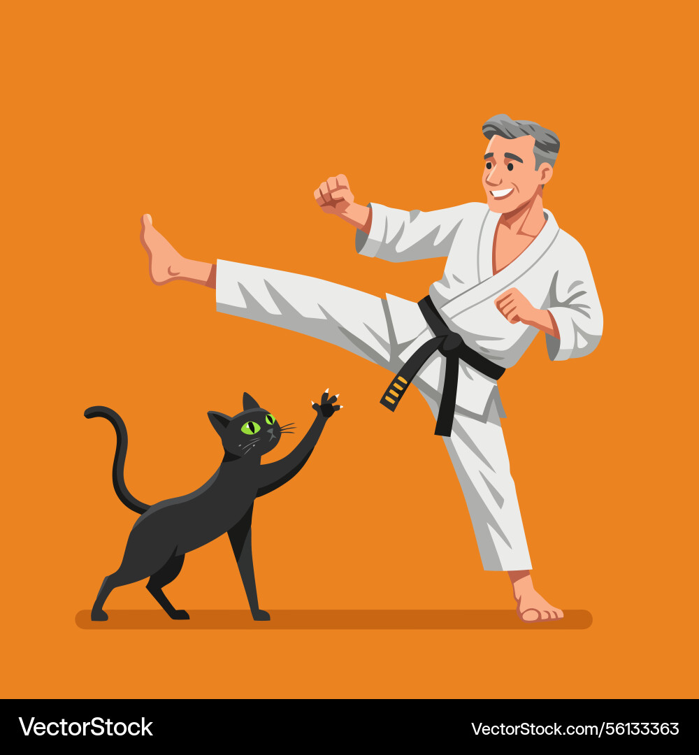Man practicing karate with cat playfully Vector Image