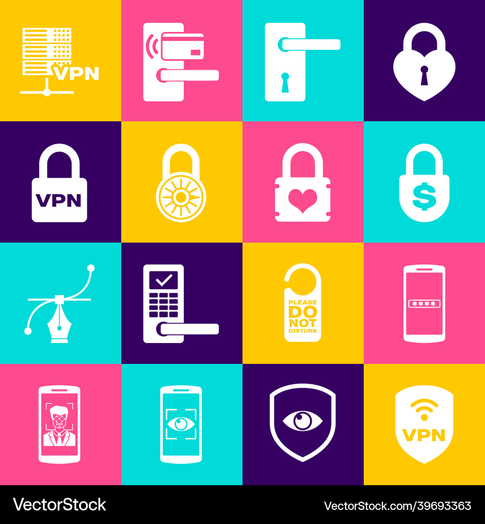 Set shield with vpn wireless mobile and password vector image