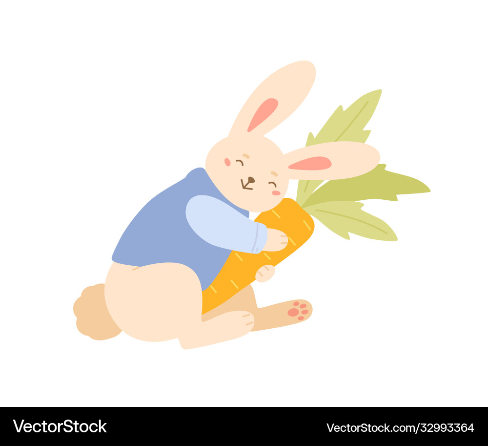 Funny rabbit smiling hugging carrot flat Funny rabbit smiling hugging carrot flat vector image