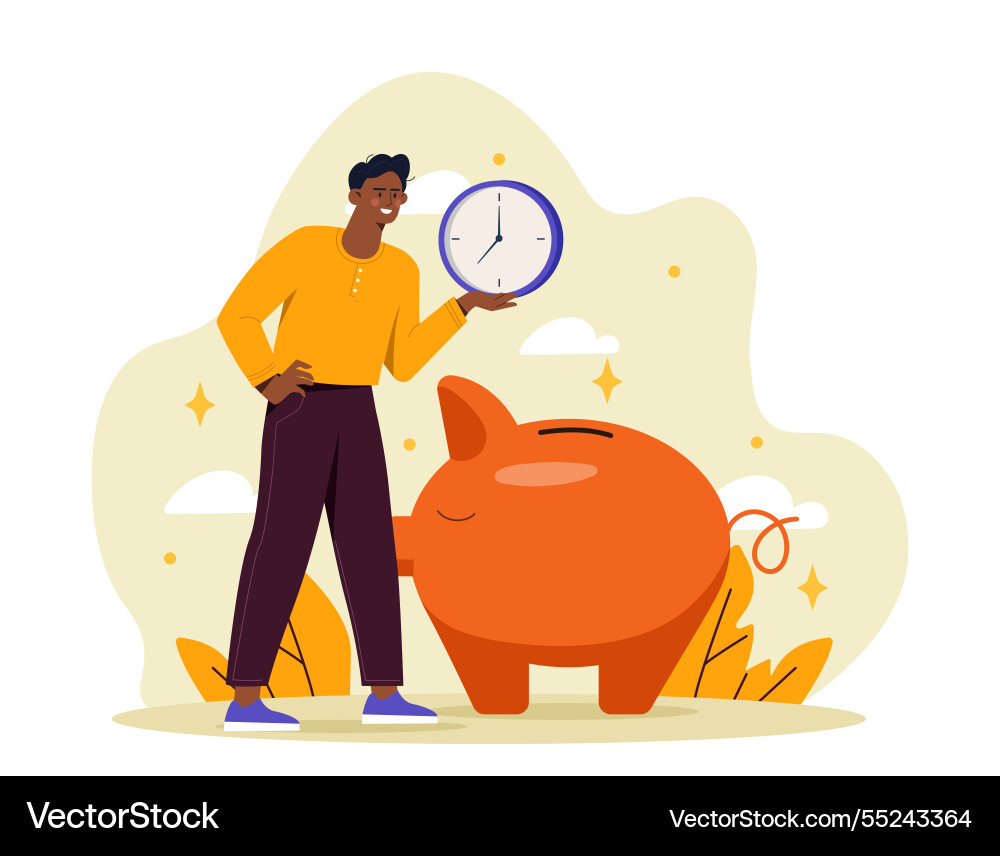 Man with clock and piggy bank Man with clock and piggy bank vector image