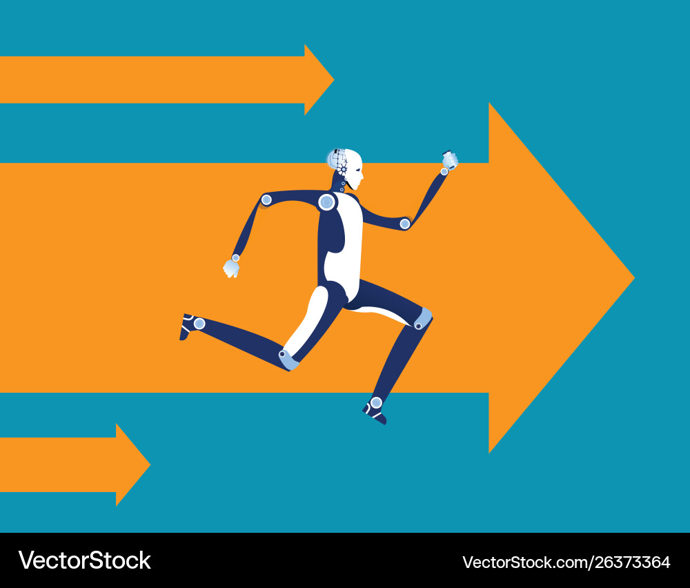 Robot with smartphone running forward concept vector image