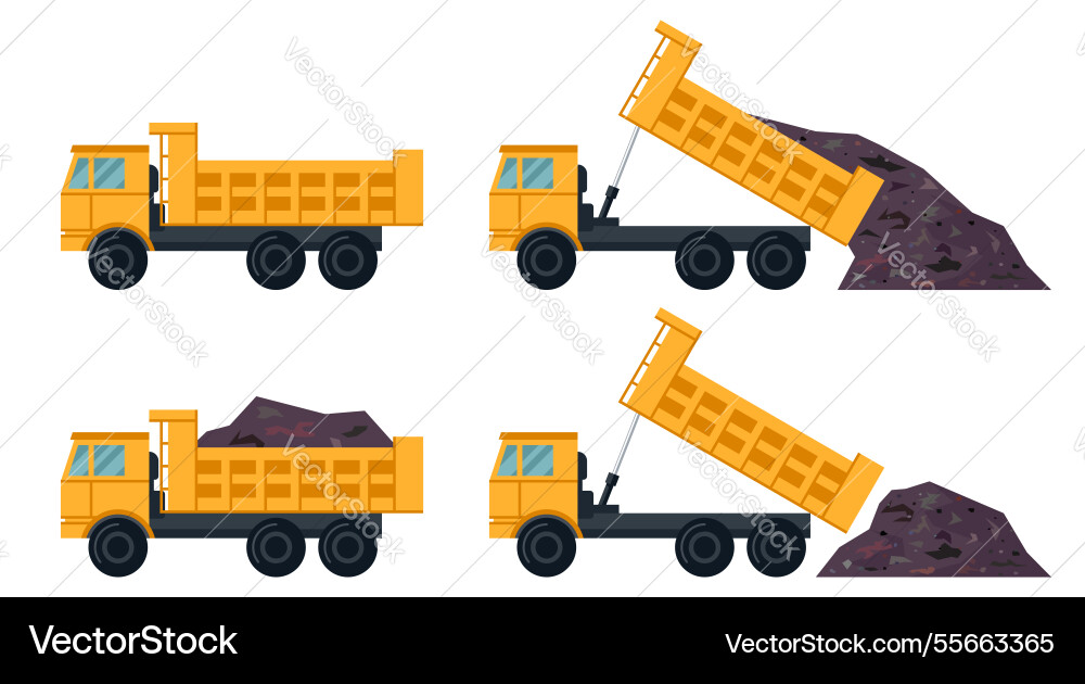 Dump truck flat icons empty filled and unloading Dump truck flat icons empty filled and unloading vector image