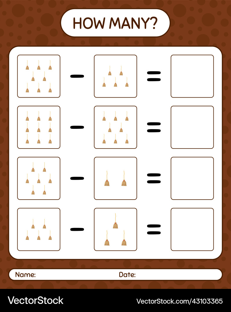 How many counting game with broom worksheet How many counting game with broom worksheet vector image