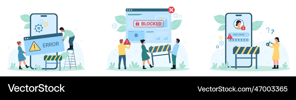 Network error account block set tiny people Network error account block set tiny people vector image