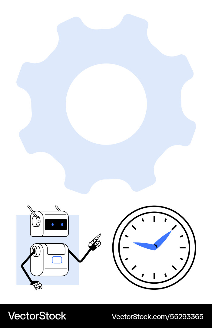 Robot pointing at clock with gear in background Robot pointing at clock with gear in background vector image