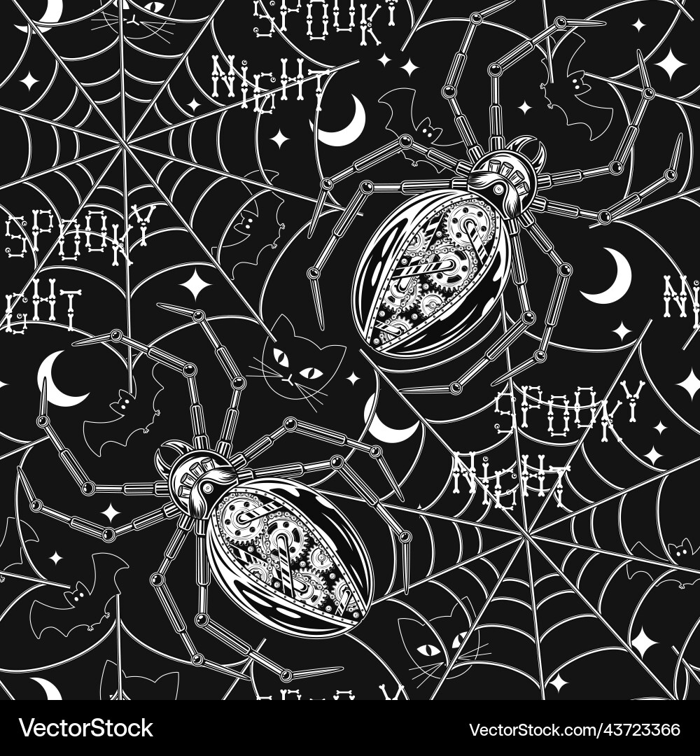 Pattern with robot spider spiderweb cat crescent Pattern with robot spider spiderweb cat crescent vector image