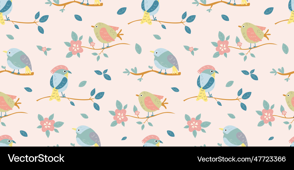 Spring birds on tree branch seamless pattern Spring birds on tree branch seamless pattern Vector Image