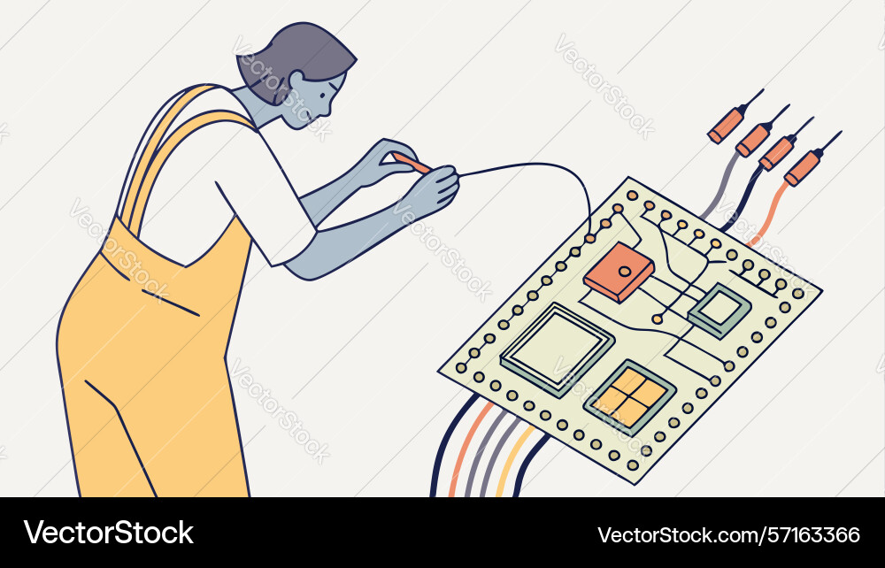 Technician working on a computer circuit board vector image