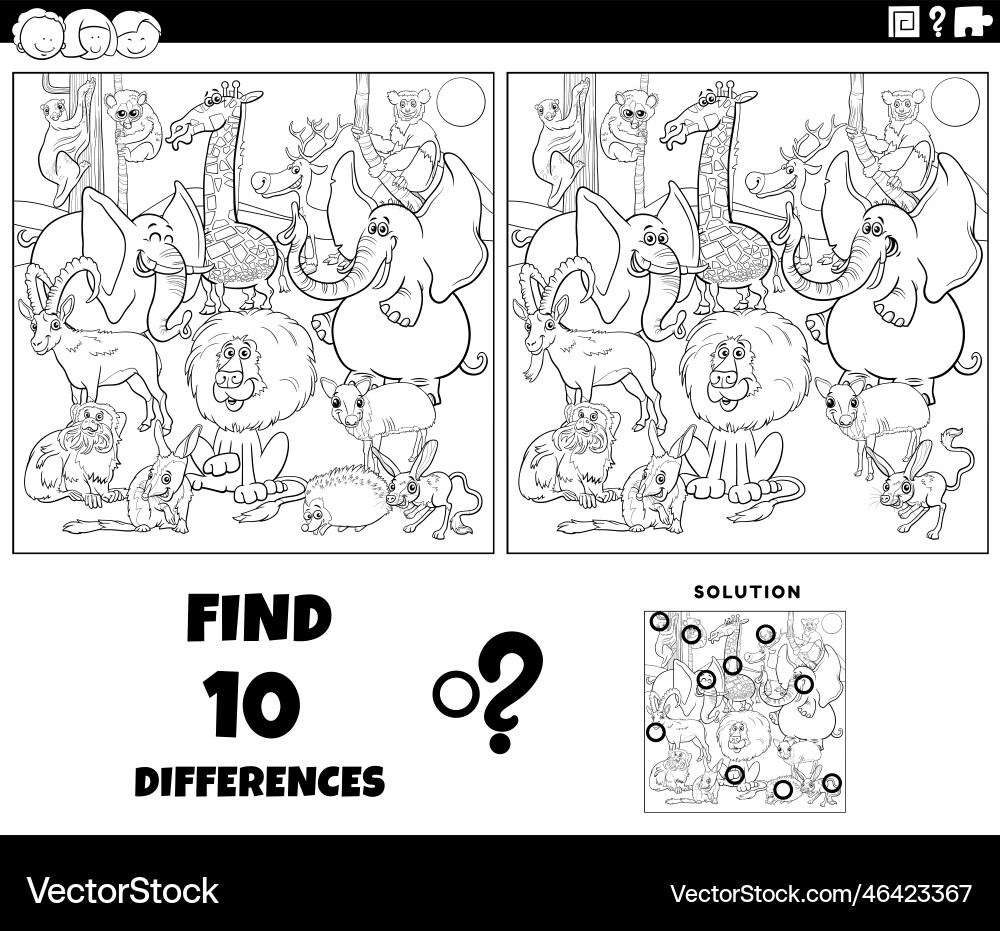 Differences game with wild animals coloring page Differences game with wild animals coloring page vector image