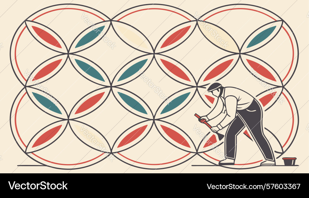 Man working with tools in a geometric patterned vector image
