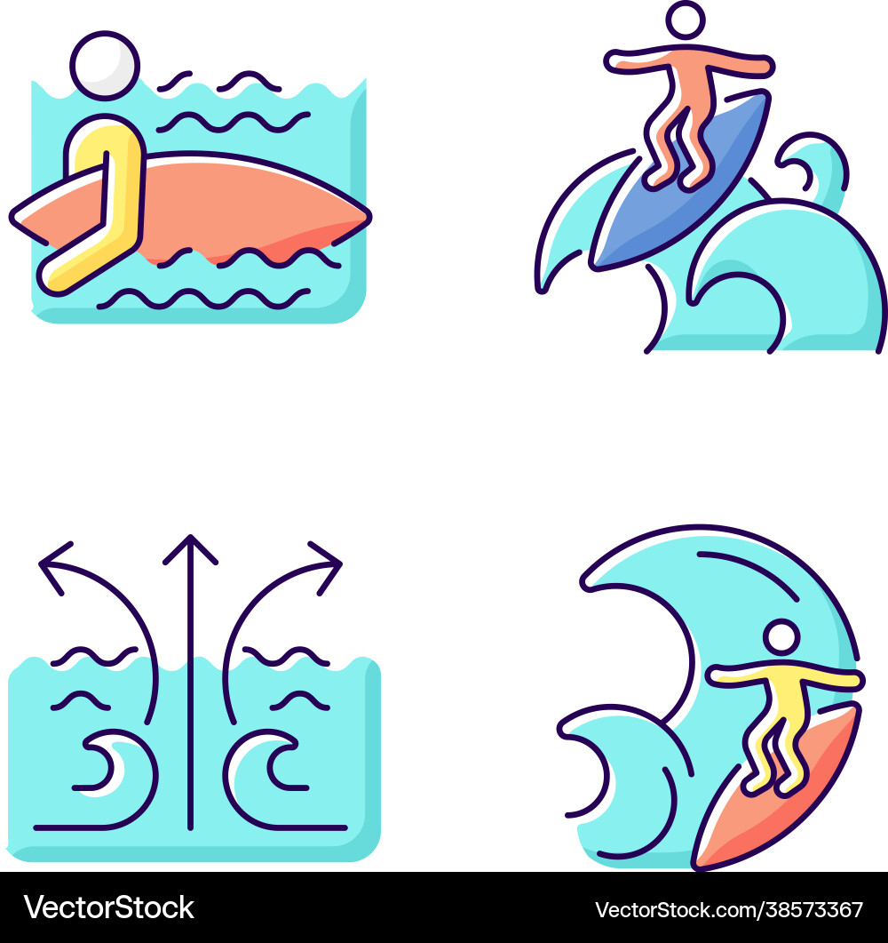 Riding wave using board rgb color icons set Vector Image