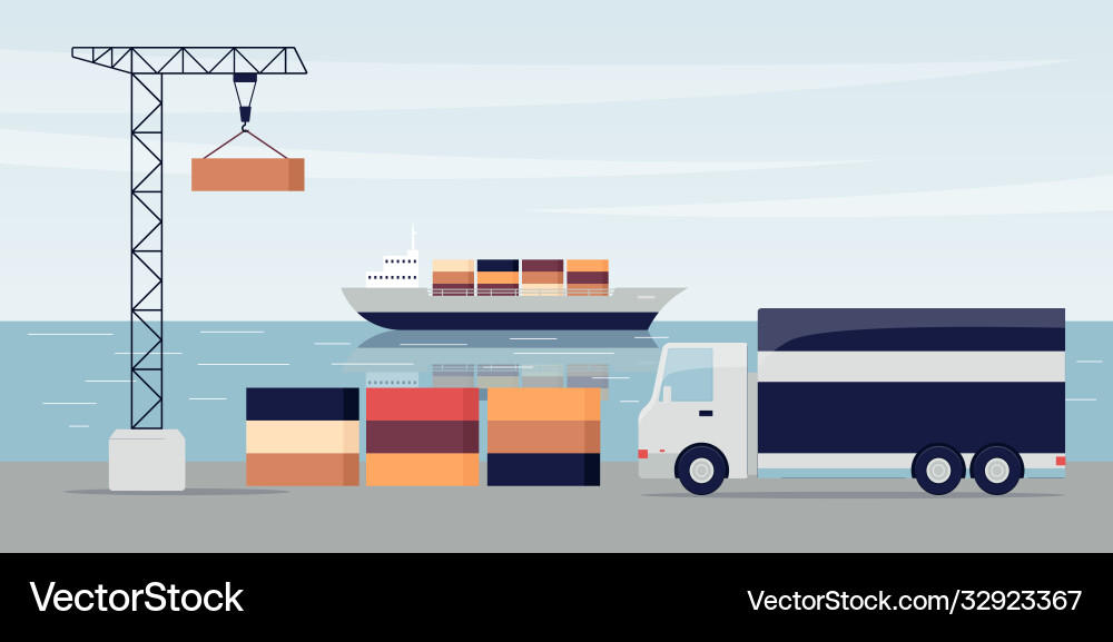 Ship port with cargo containers and loading dock Vector Image