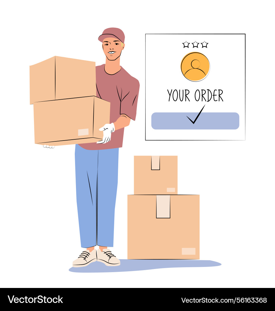 Delivery man with boxes and order status Delivery man with boxes and order status vector image