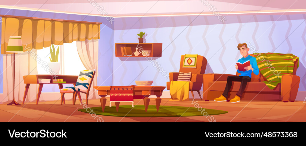 Man reading book of sofa in house living room Man reading book of sofa in house living room vector image