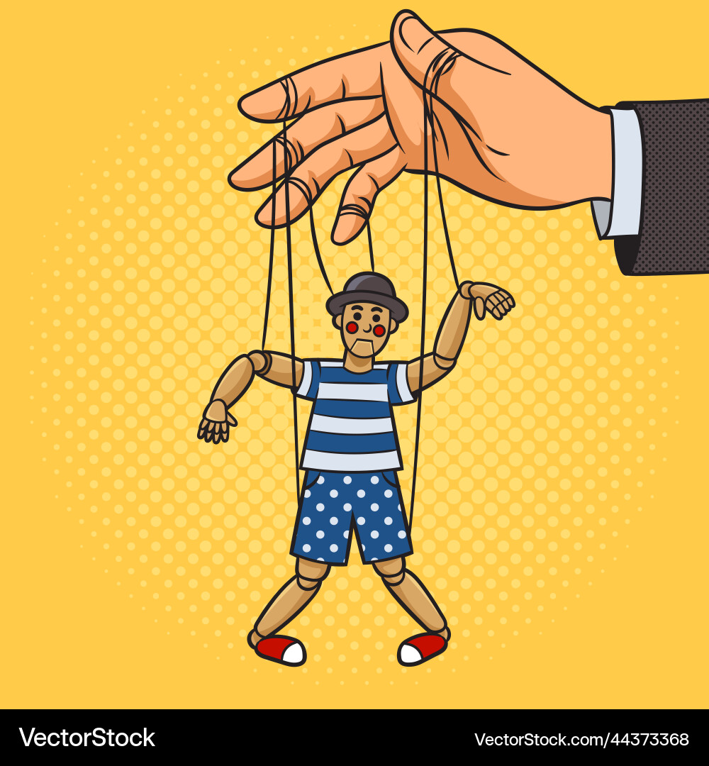 Puppet on puppeteer hand pinup pop art Puppet on puppeteer hand pinup pop art Vector Image