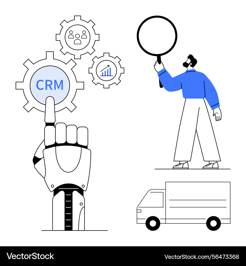 Robot hand crm gear and analyst exploring Robot hand crm gear and analyst exploring vector image
