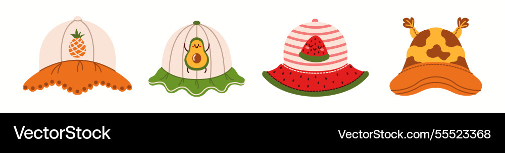 Set of four fun and playful character bucket hats Vector Image