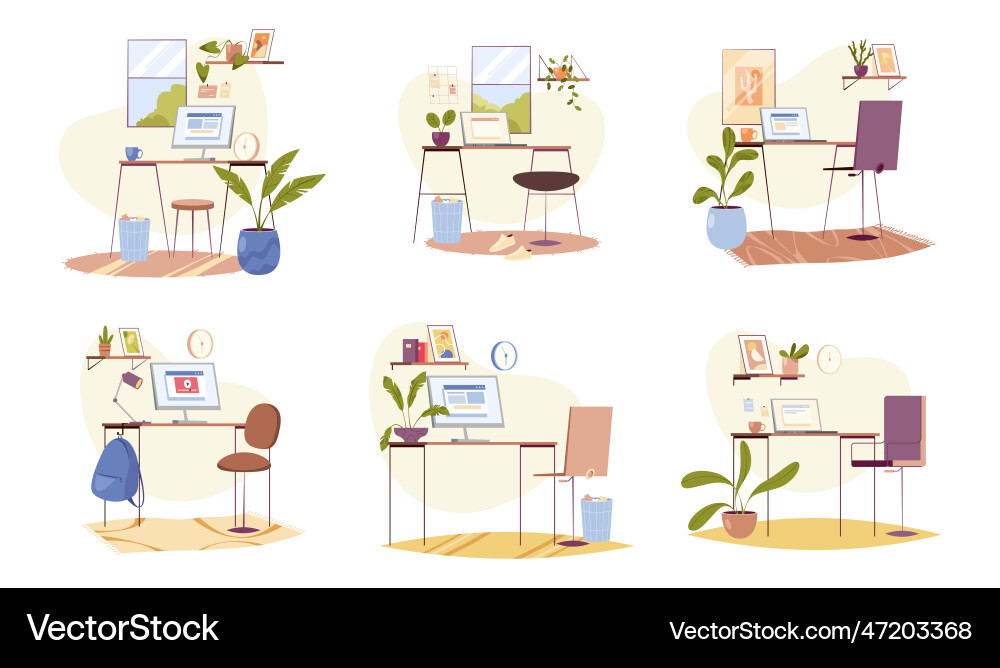 Set of office tables with computers and chairs Set of office tables with computers and chairs vector image