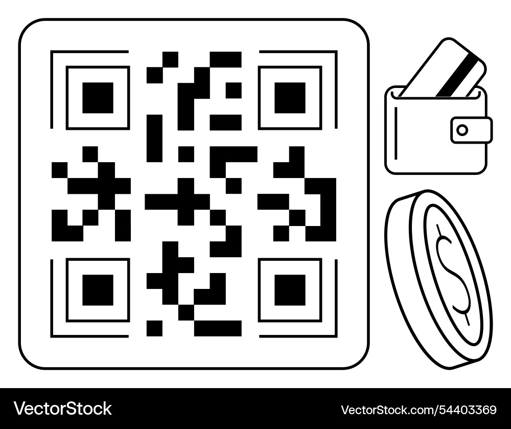 Qr code with wallet card and coin symbols Qr code with wallet card and coin symbols vector image