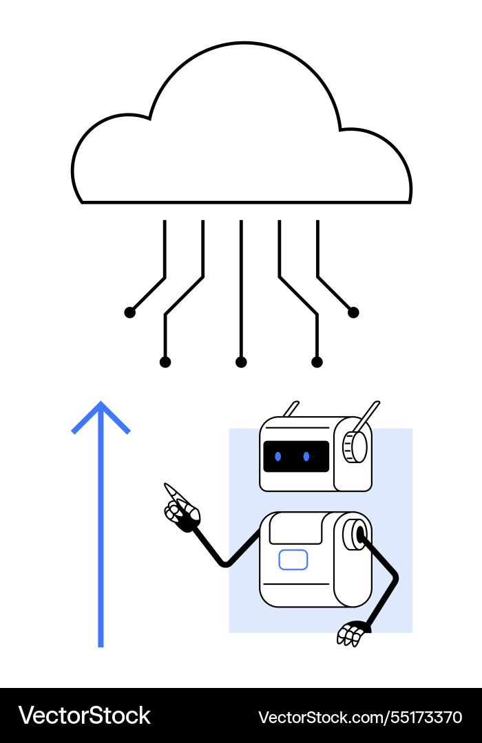 Robot pointing towards cloud computing Robot pointing towards cloud computing vector image