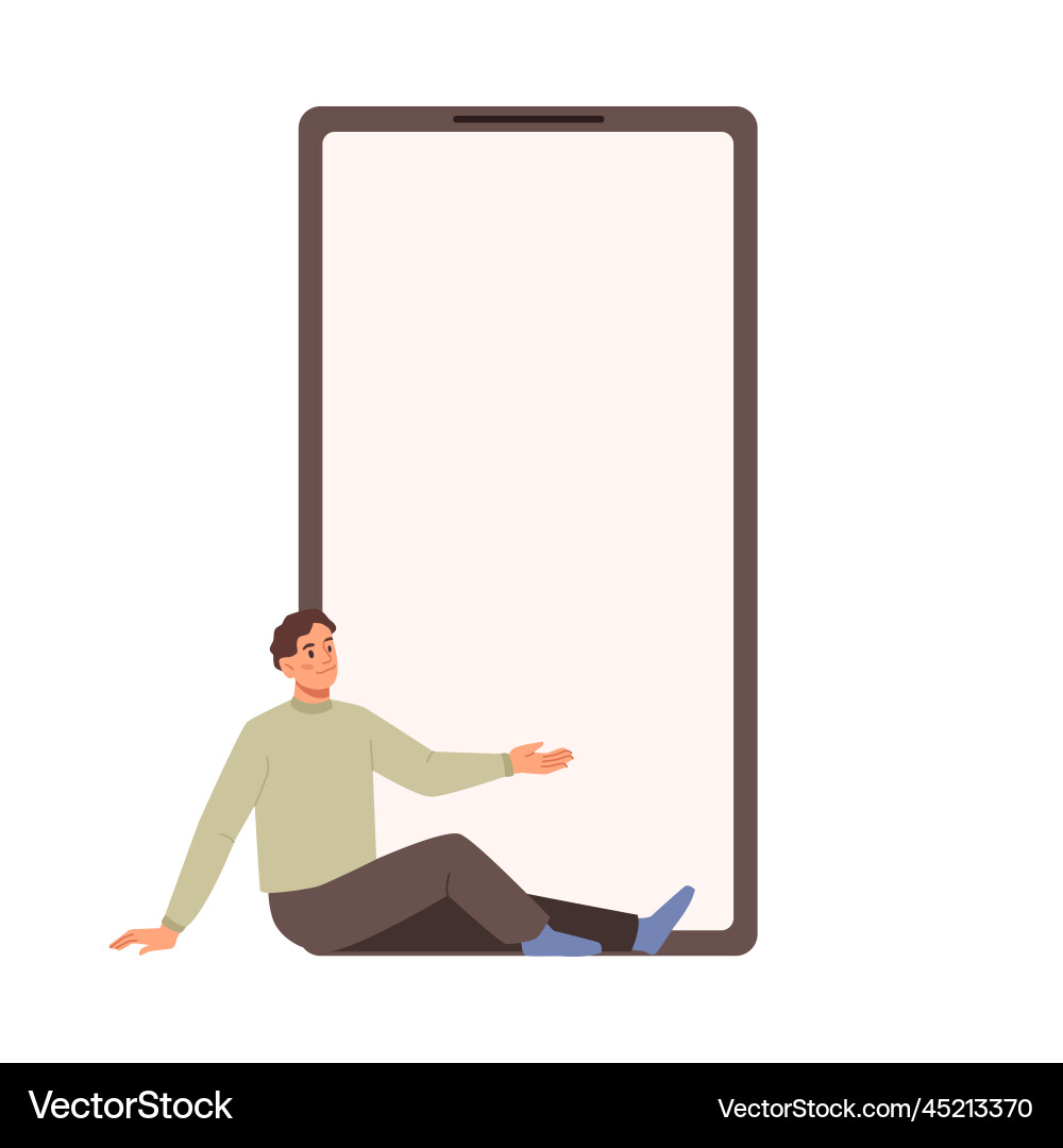 Small man shows empty display on mobile smartphone vector image