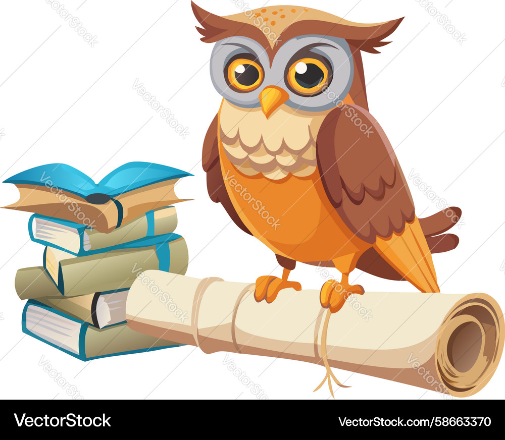 Wise owl on stack of books with scroll symbol Vector Image
