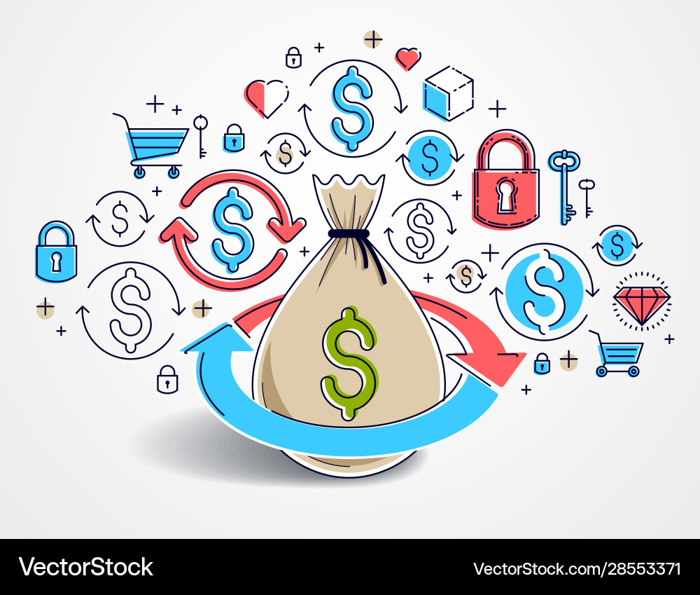 Money bag with loop arrow and icon set design Money bag with loop arrow and icon set design Vector Image