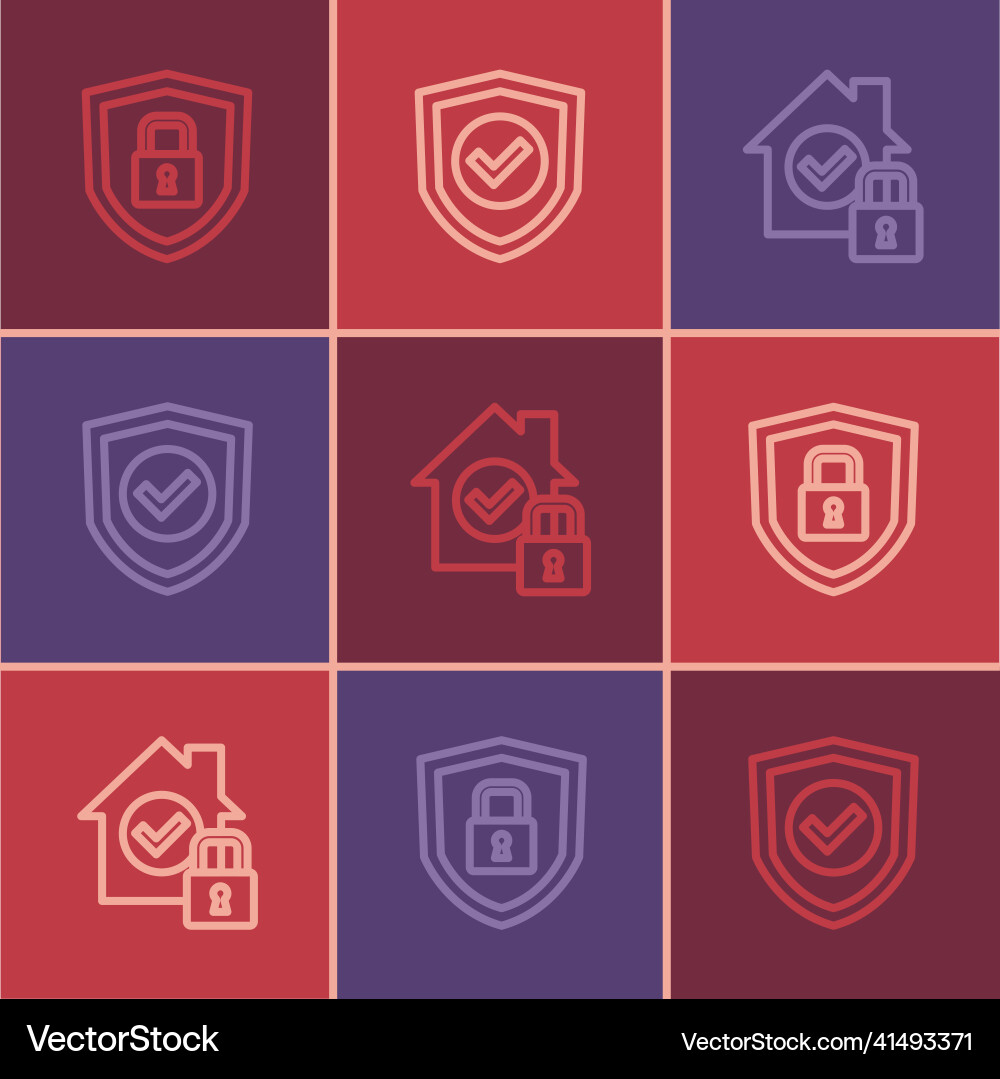 Set line shield security with lock house under Vector Image